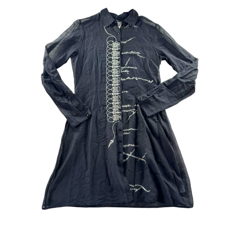 Johnny Was Pete & Greta Button Front Tunic Top Womens S Black Sheer Embroidered